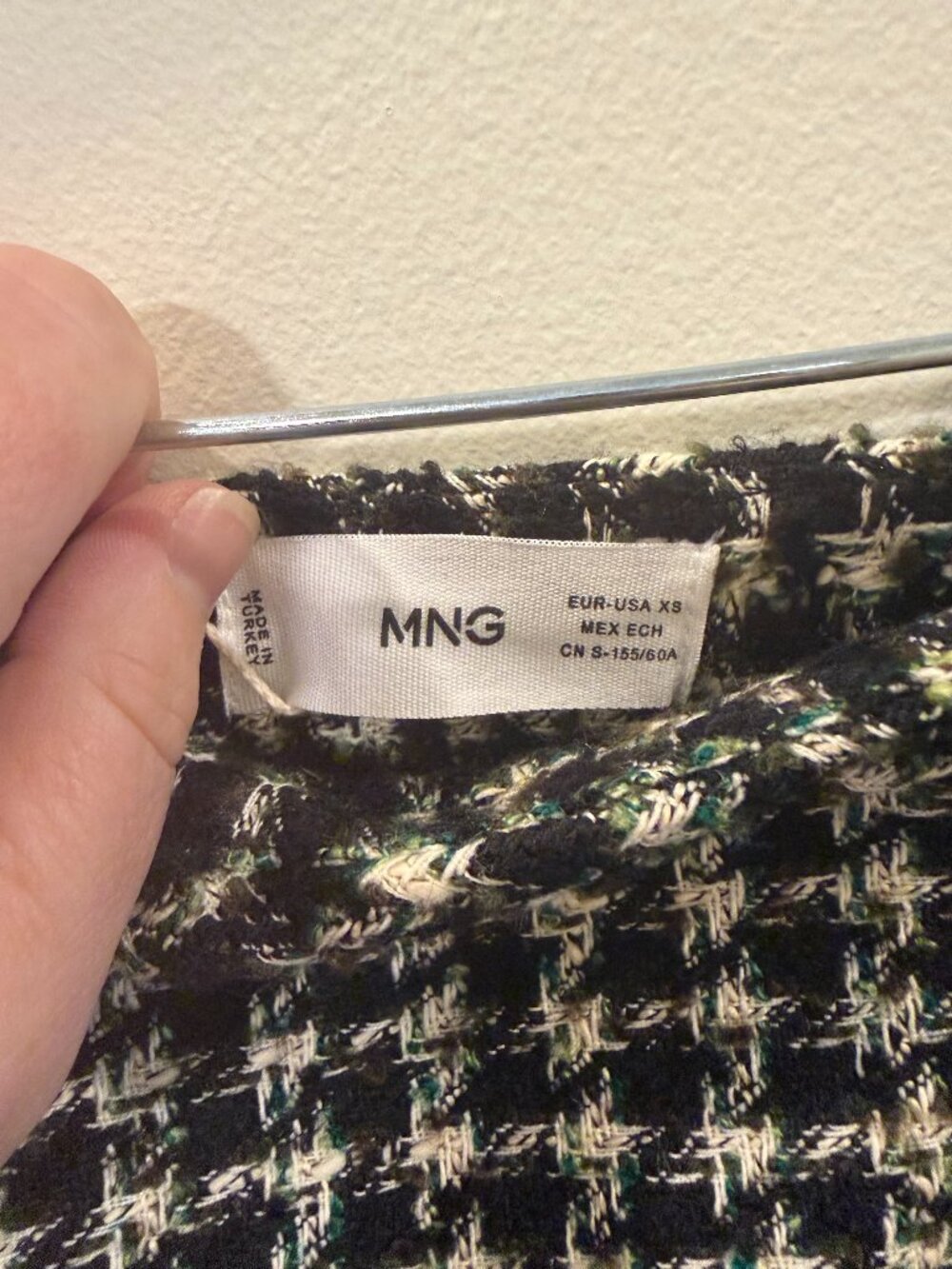 MNG Tweed Skirt, NWT, Black & White w/ subtle green detail, Size XS,